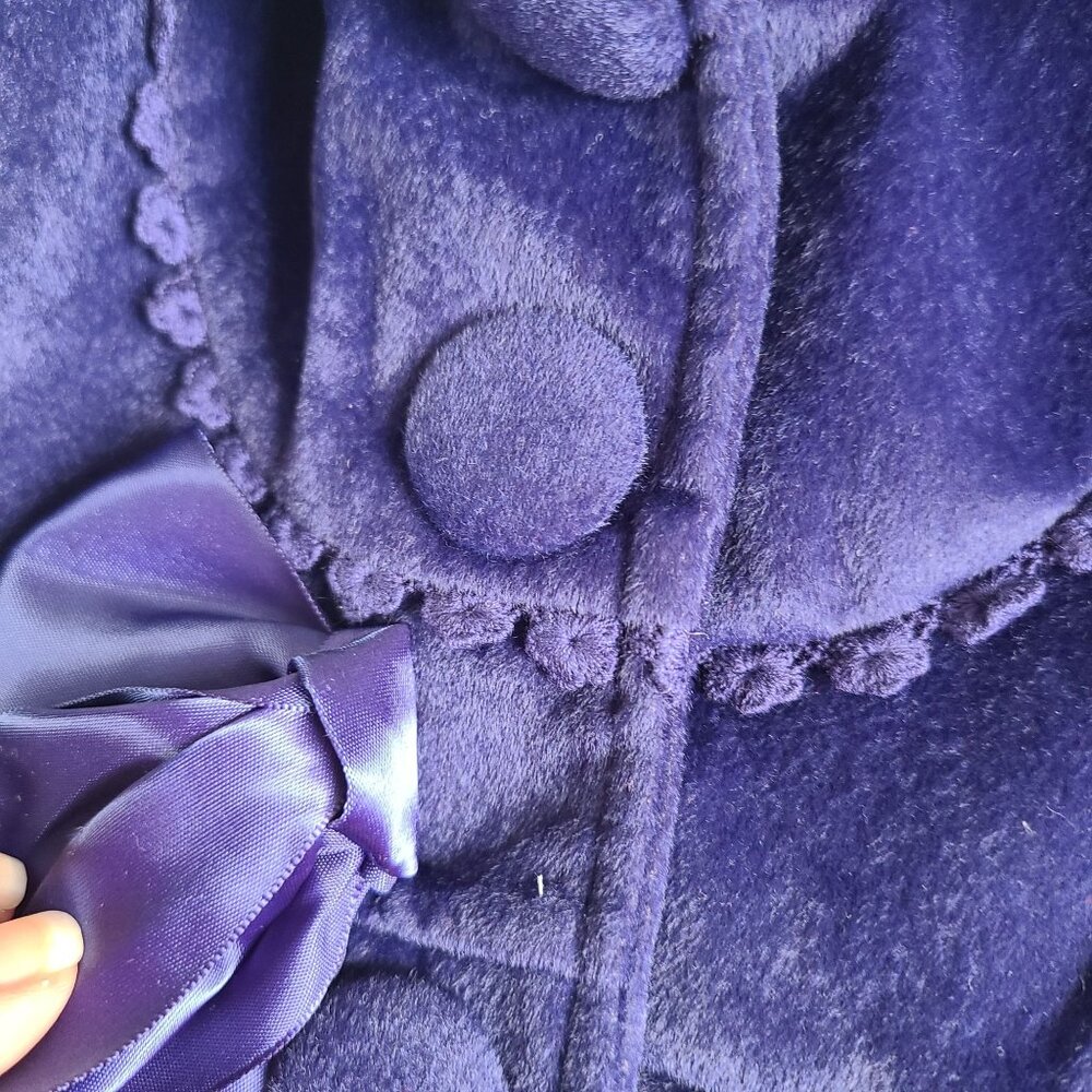 Girls Velvet Coat Royal Blue Size 3T / 4T Bow & Pom Pom Trim Elegant Winter - Picture 4 of 10
